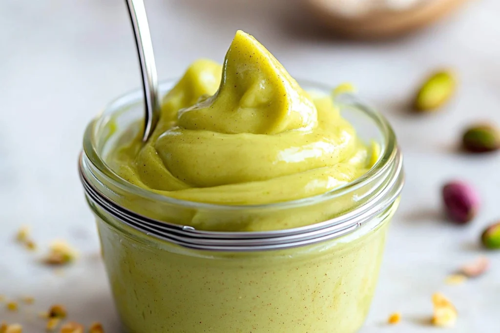 Luxurious homemade pistachio cream in a clear glass jar, surrounded by fresh pistachios on a marble surface