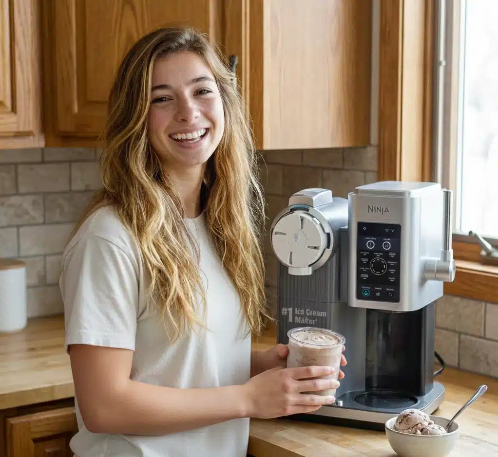 Grace testing the Ninja CREAMi NC301 to make protein ice cream in a home kitchen.