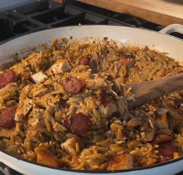 Creamy Cajun Chicken Sausage Orzo Skillet