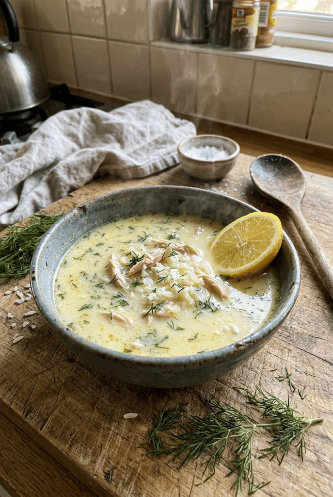 Mediterranean Lemon Chicken Soup - Mediterranean Lemon Chicken Soup served on a plate