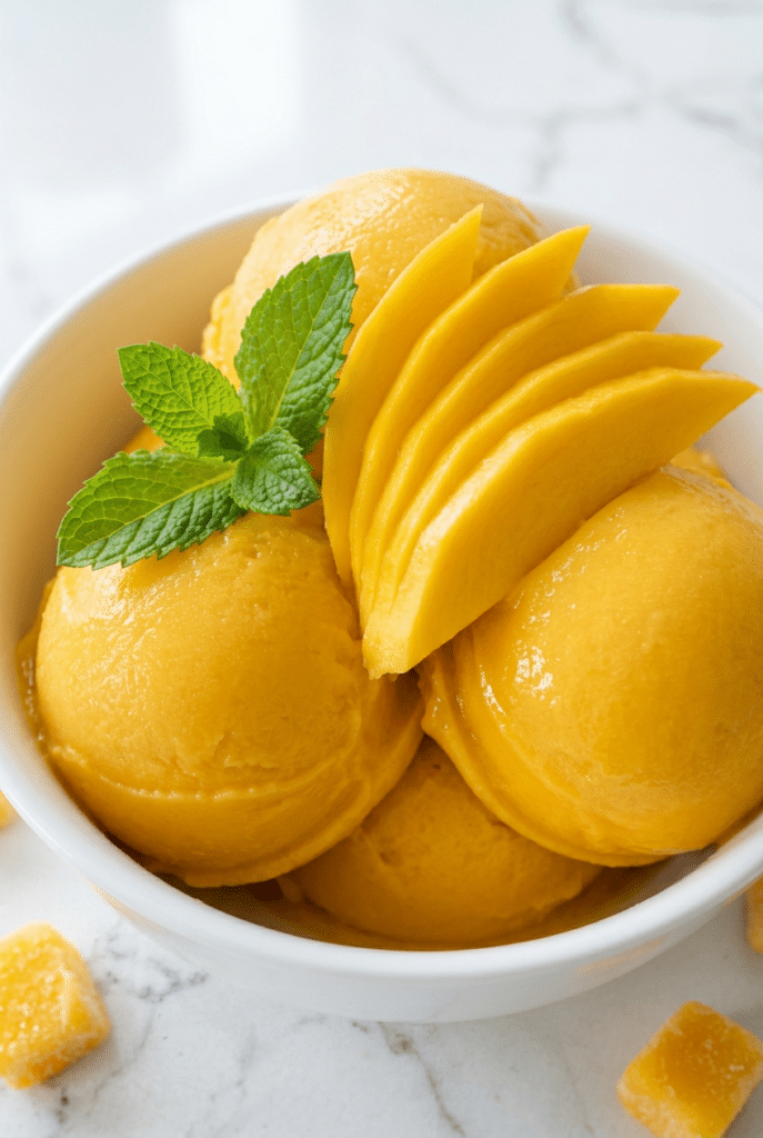 2-ingredient mango sorbet - 2-Ingredient Mango Sorbet (Ninja Creami) served on a plate