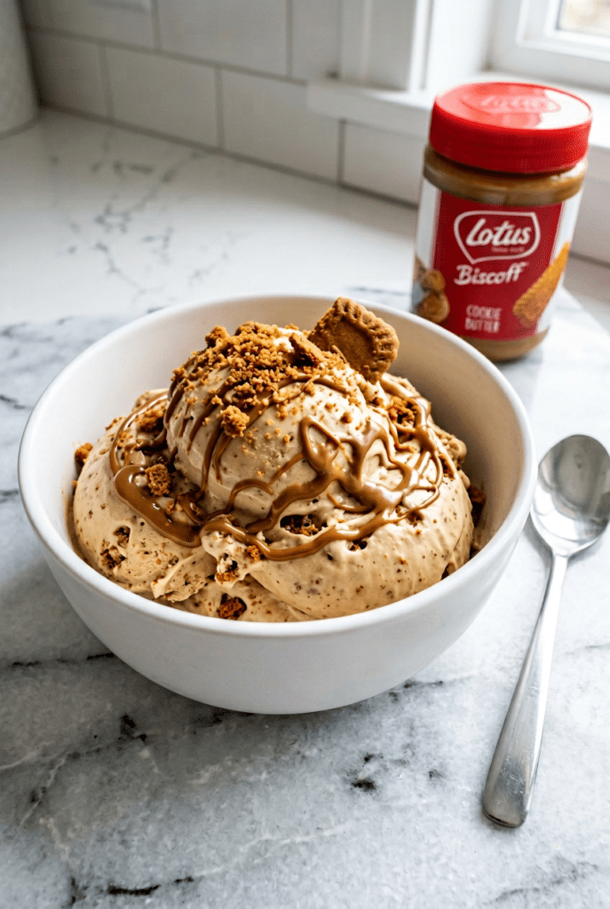 cookie butter protein ice cream - Cookie Butter (Biscoff) Protein Ice Cream (Ninja Creami) served on a plate