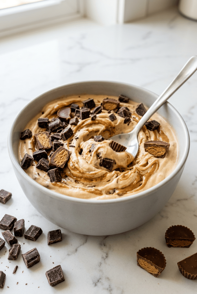 peanut butter cup protein ice cream - Peanut Butter Cup Protein Ice Cream (Ninja Creami) served on a plate