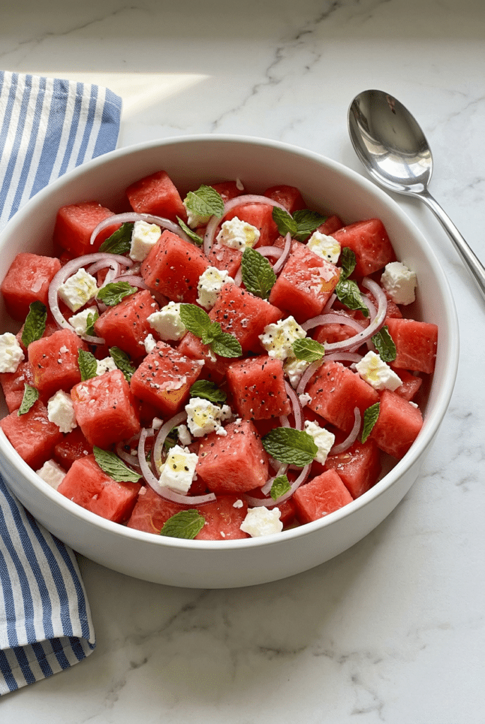 watermelon feta salad - Watermelon Feta Salad served on a plate
