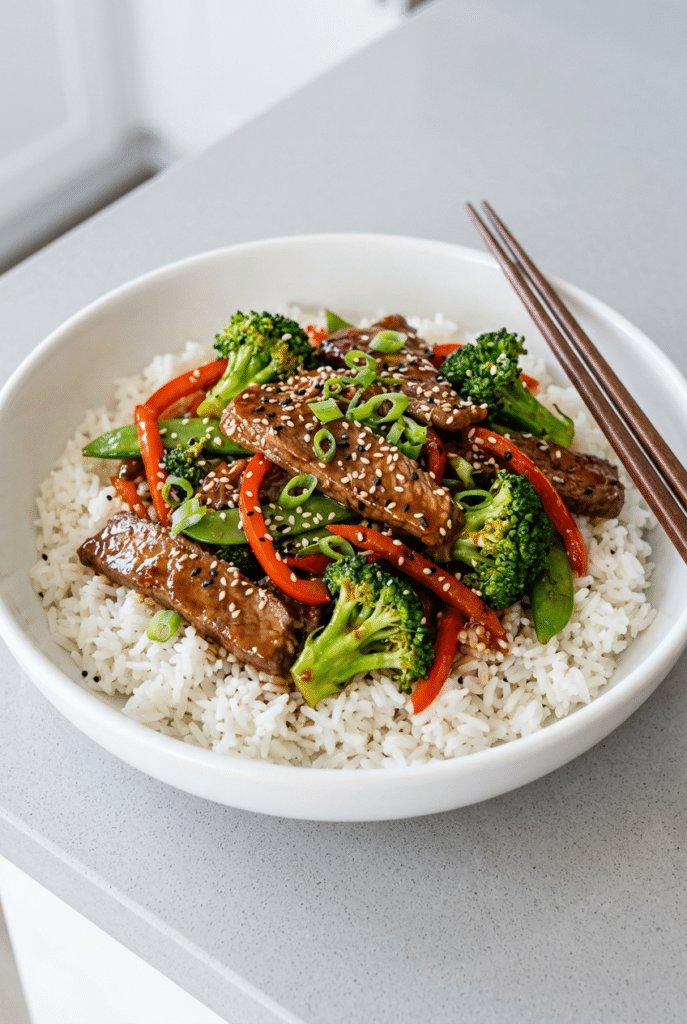 beef stir fry with rice - Beef Stir Fry with Rice served on a plate