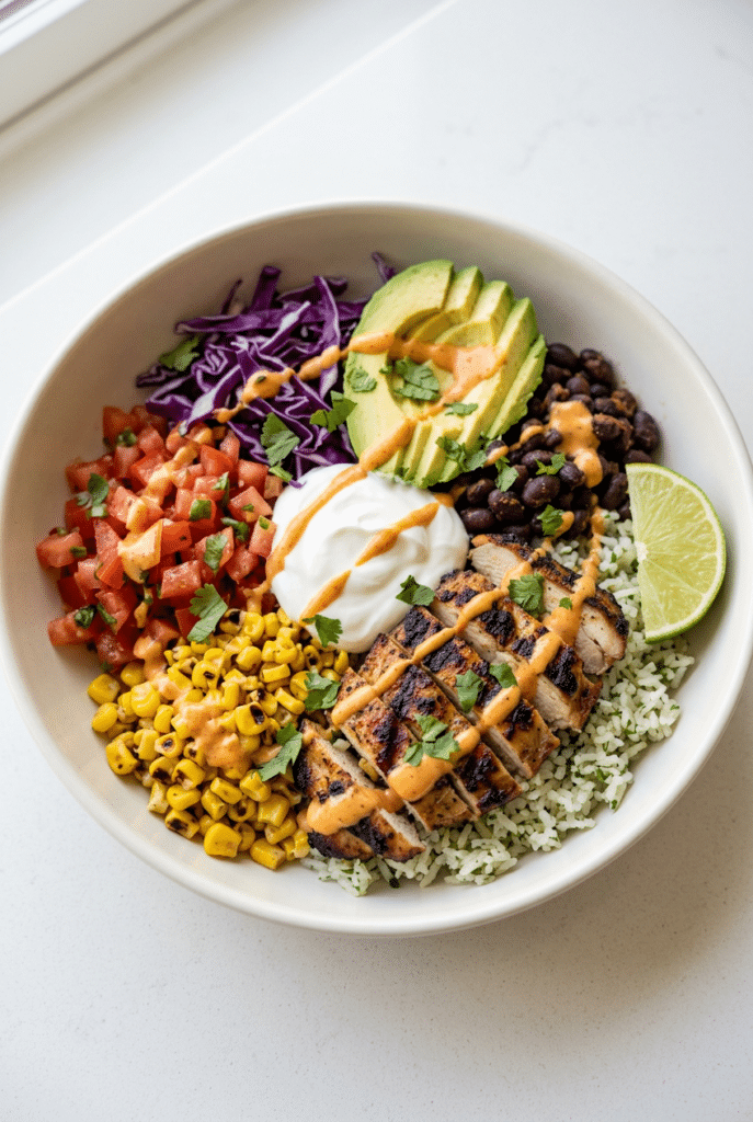 chicken burrito bowls - Chicken Burrito Bowls served on a plate