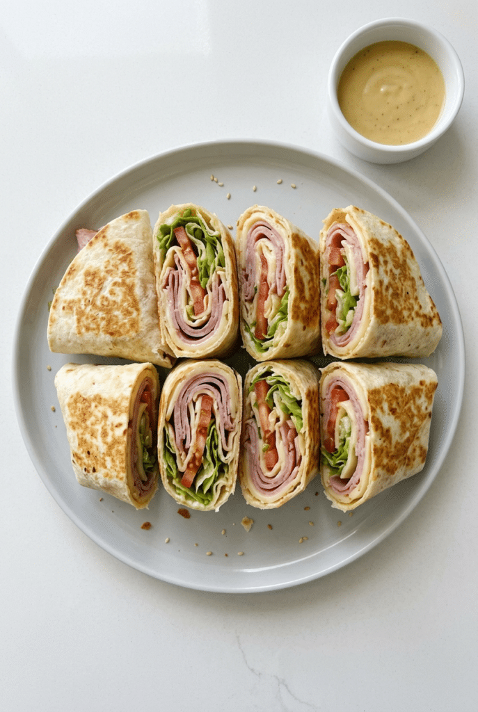 ham and cheese wraps - Ham & Cheese Wraps served on a plate