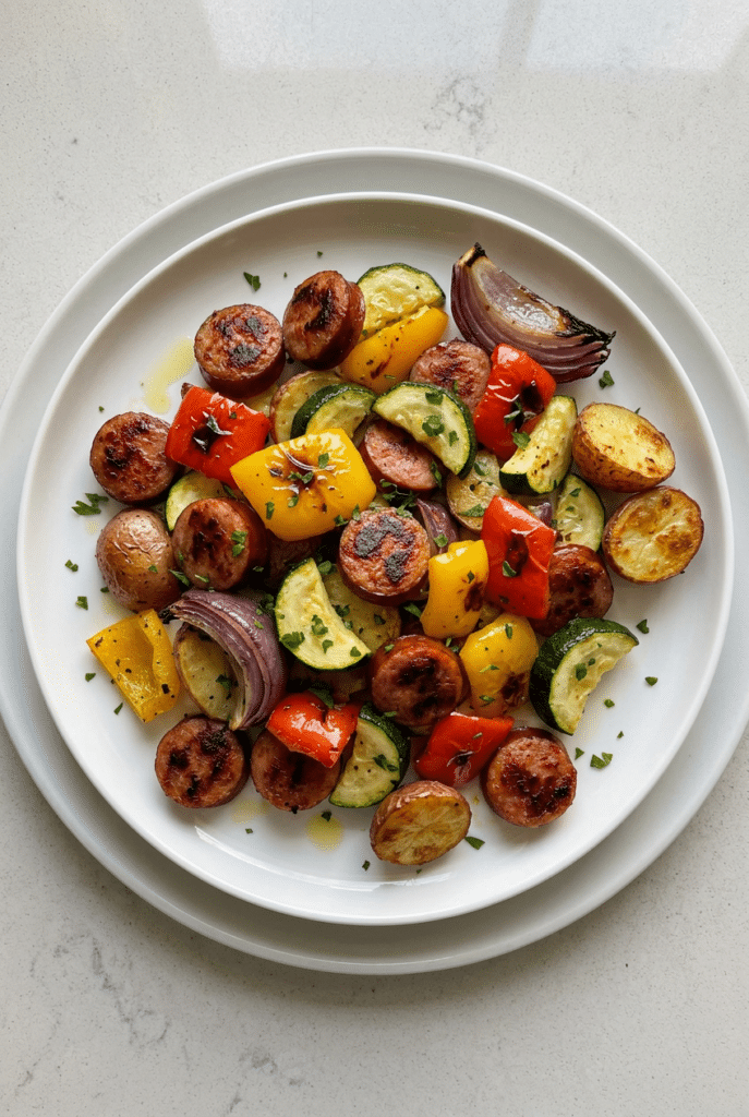 sheet pan sausage and veggies - Sheet Pan Sausage & Veggies served on a plate