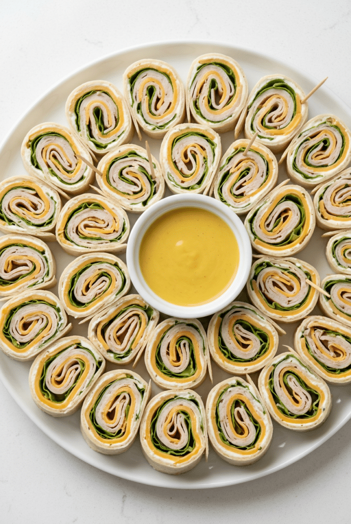 turkey & cheese pinwheels - Turkey & Cheese Pinwheels served on a plate