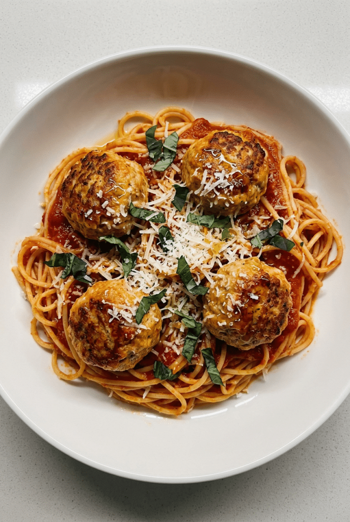turkey meatball pasta - Turkey Meatball Pasta served on a plate