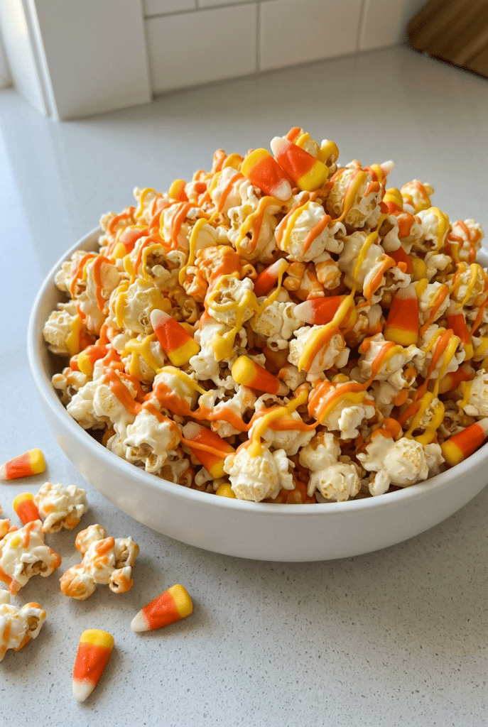 candy corn popcorn - Candy Corn Popcorn (keep) served on a plate