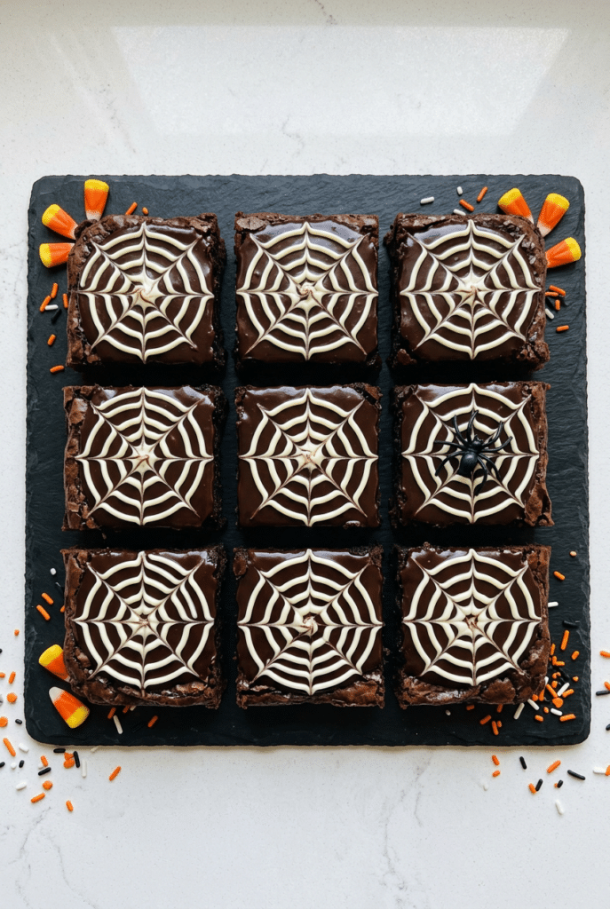 spider web brownies - Spider Web Brownies (keep) served on a plate
